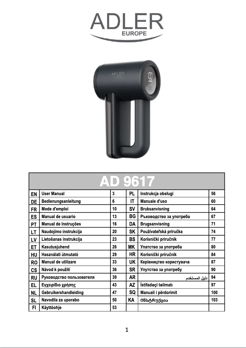 Page 1 de la notice Manuel utilisateur Adler AD 9617