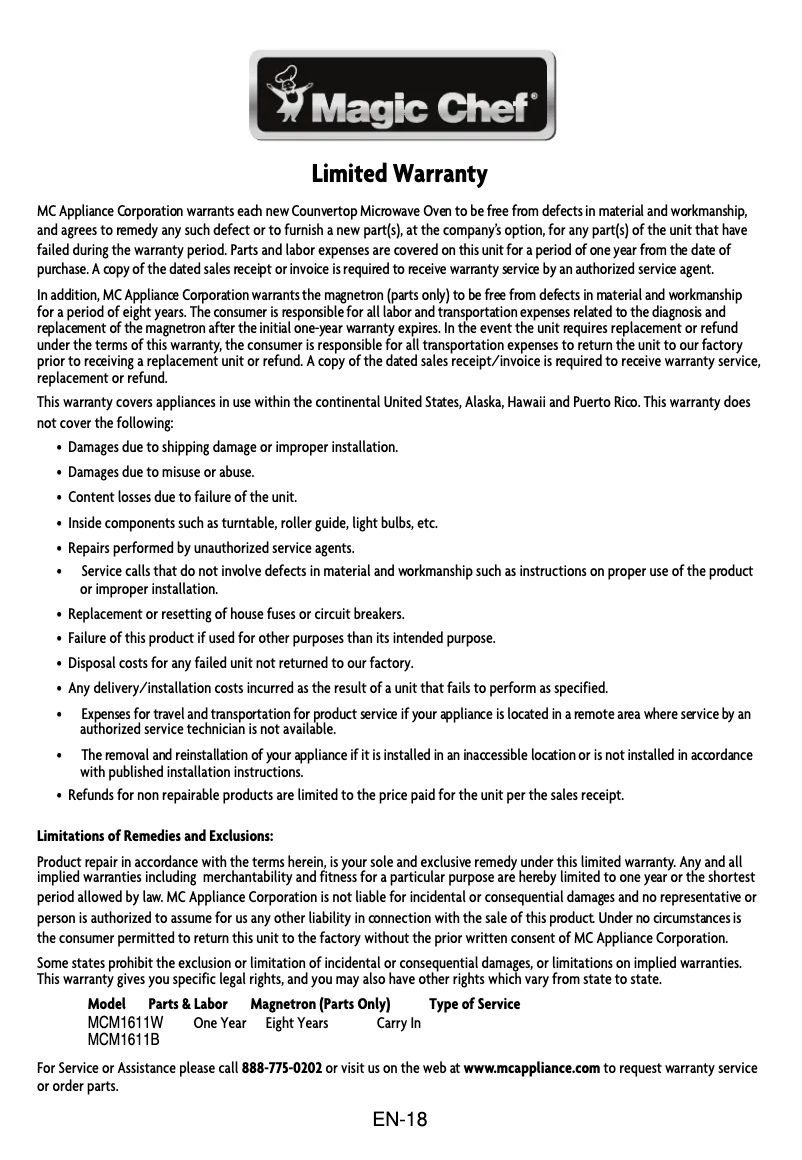 Page n°1 - Informations de garantie Magic Chef MCM1611B