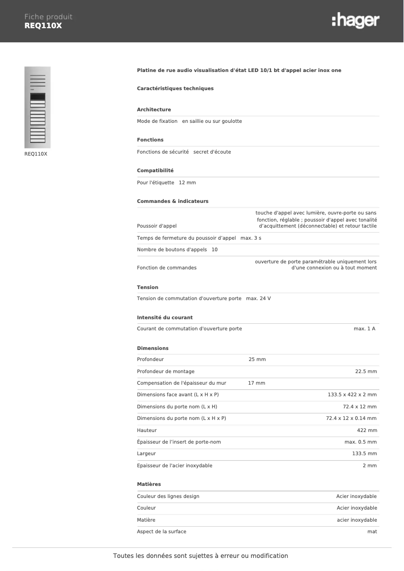 Page 1 of the manual Technical Sheet Hager REQ110X