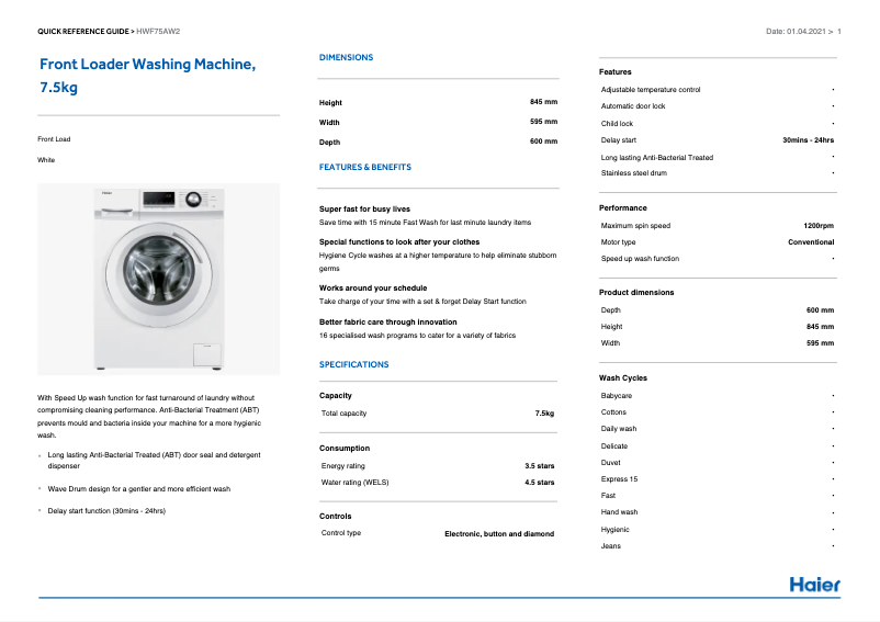 Image de la première page du manuel de l'appareil HWF75AW2