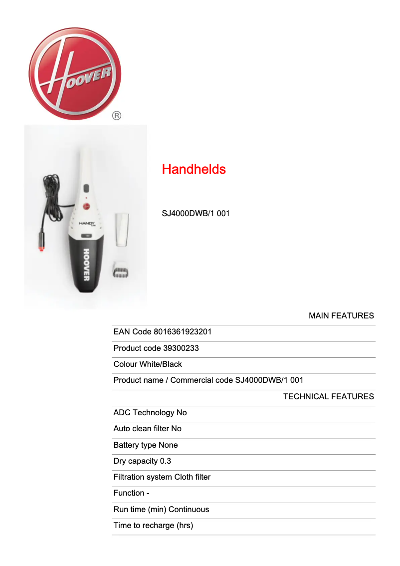 Page 1 de la notice Fiche technique Hoover SJ4000DWB/1 001