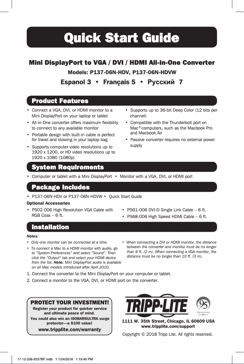 Page 1 de la notice Manuel utilisateur Tripp Lite P137-06N-HDVW