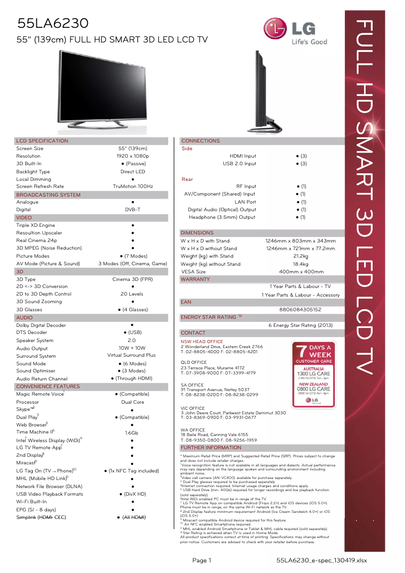 Page n°1 - Fiche technique LG 55LA6230