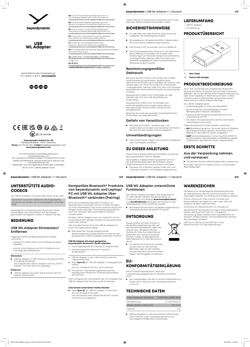Page 1 de la notice Guide de démarrage rapide Beyerdynamic USB WL Adapter
