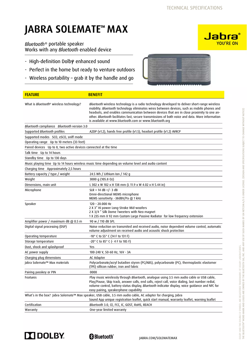 Page 1 de la notice Manuel utilisateur Jabra Solemate Max