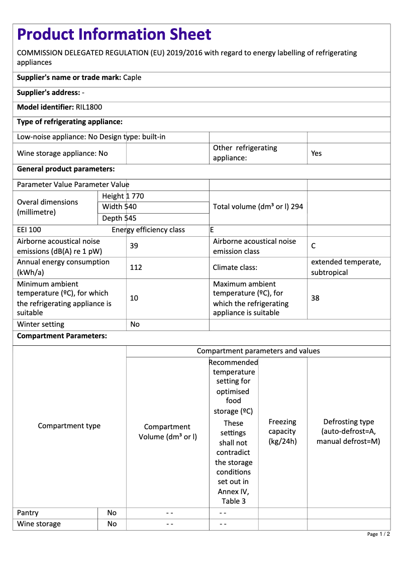 Page n°1 - Fiche technique Caple RIL1800