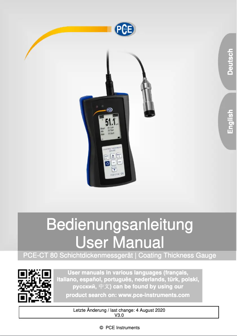 Page 1 de la notice Manuel utilisateur PCE Instruments PCE-CT 80