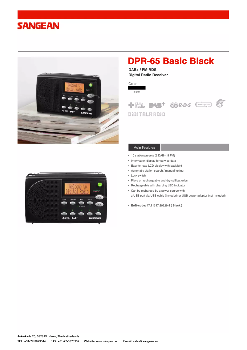 Page 1 de la notice Fiche technique Sangean DPR-65