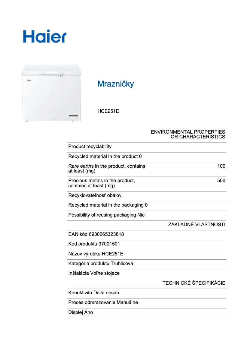 Page n°1 - Fiche technique Haier HCE251E