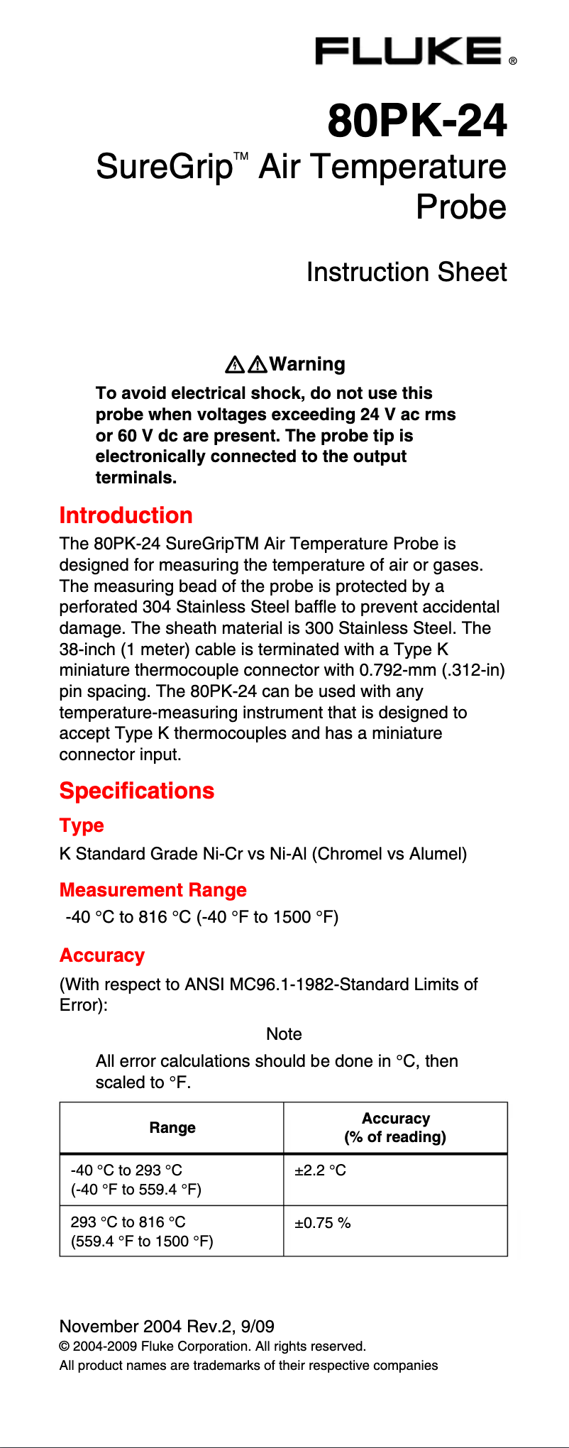 Page 1 de la notice Manuel utilisateur Fluke SureGrip 80PK-24