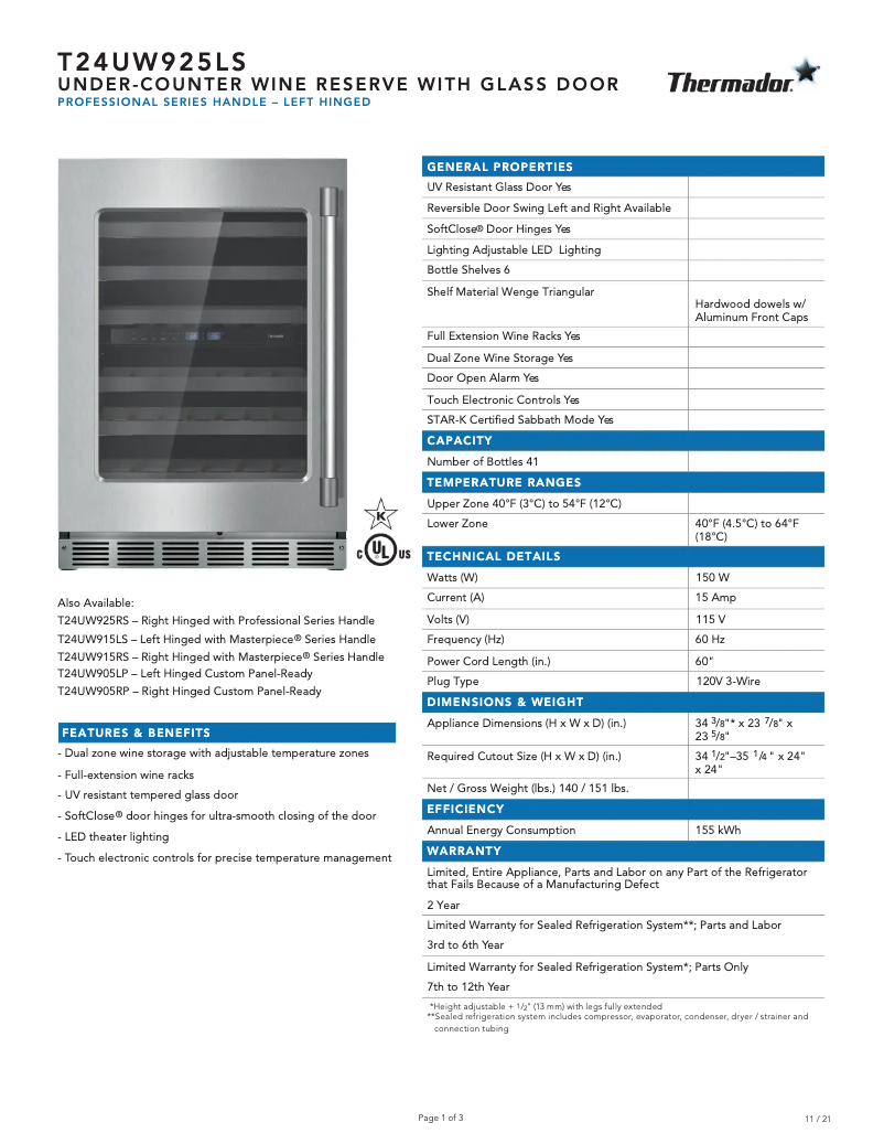 Página 1 del manual Ficha técnica Thermador T24UW925LS