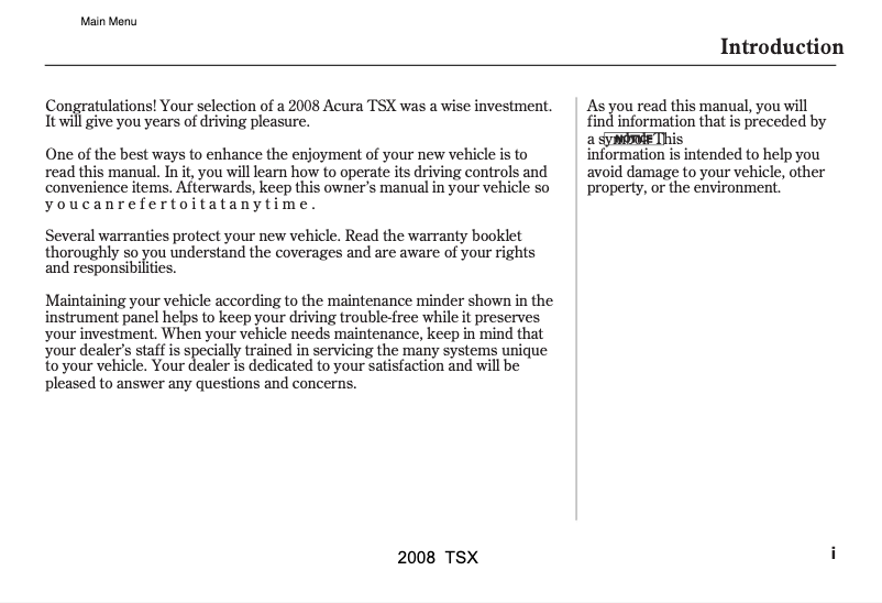 Imagen de la primera página del manual del dispositivo Acura TSX (2008)
