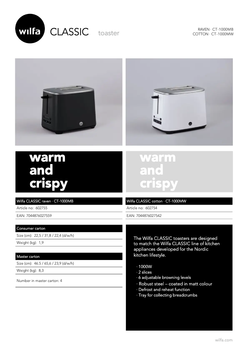 Page 1 de la notice Fiche technique Wilfa Classic CT-1000MW