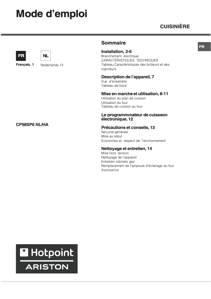 Page 1 of the manual User Manual Hotpoint CP98SP6 NL/HA