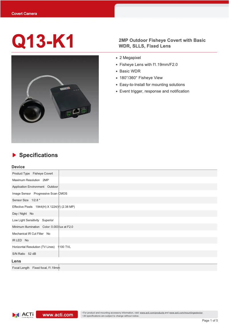 Page 1 de la notice Fiche technique ACTi Q13-K1