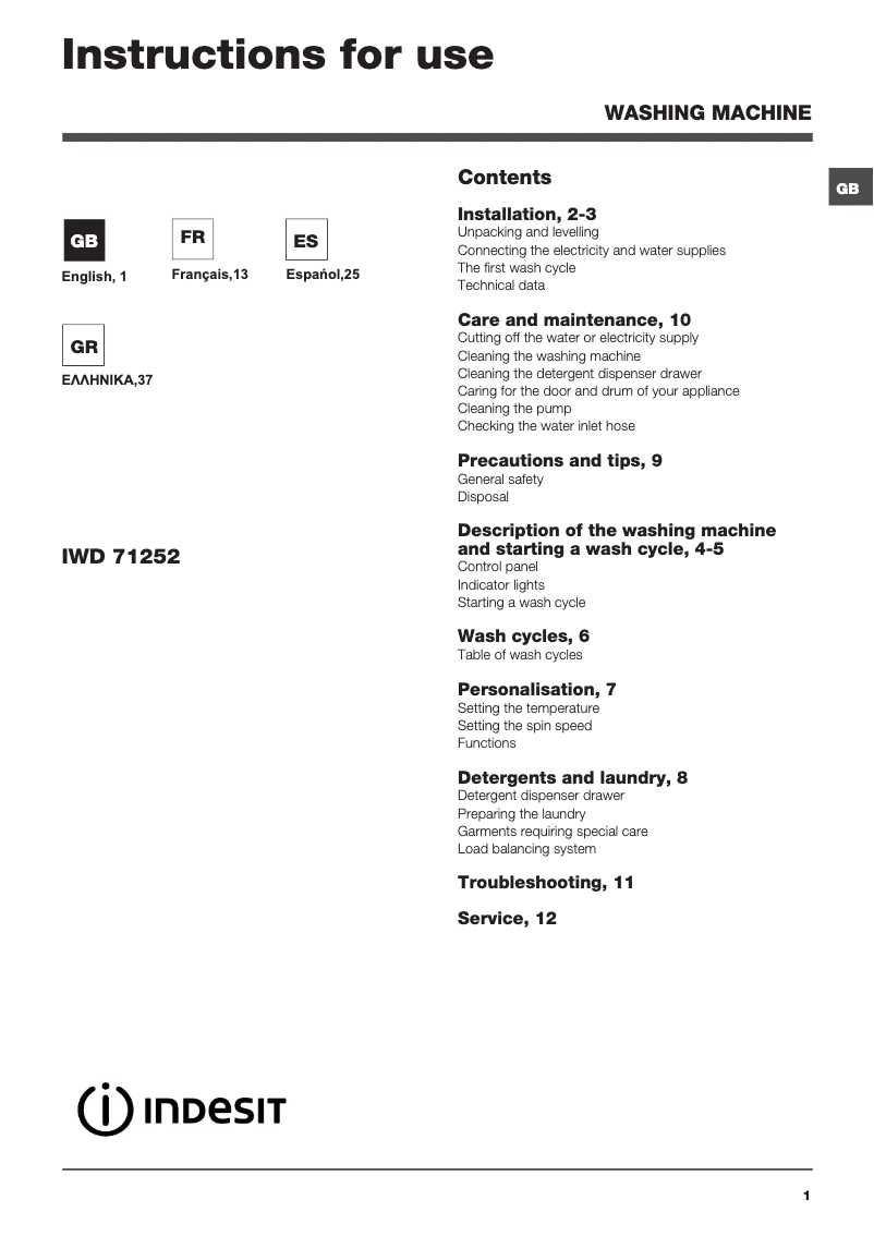 Page 1 de la notice Manuel utilisateur Indesit IWD 71252 C ECO EU.T