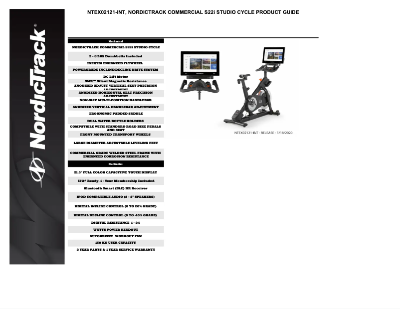 Página 1 del manual Ficha técnica NordicTrack Commercial S22i Studio Cycle