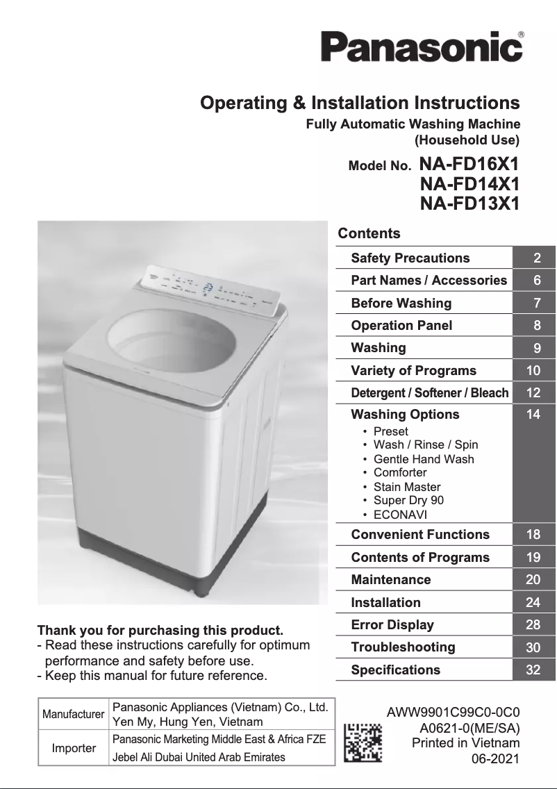 Page n°1 - Manuel utilisateur Panasonic NA-FD14X1