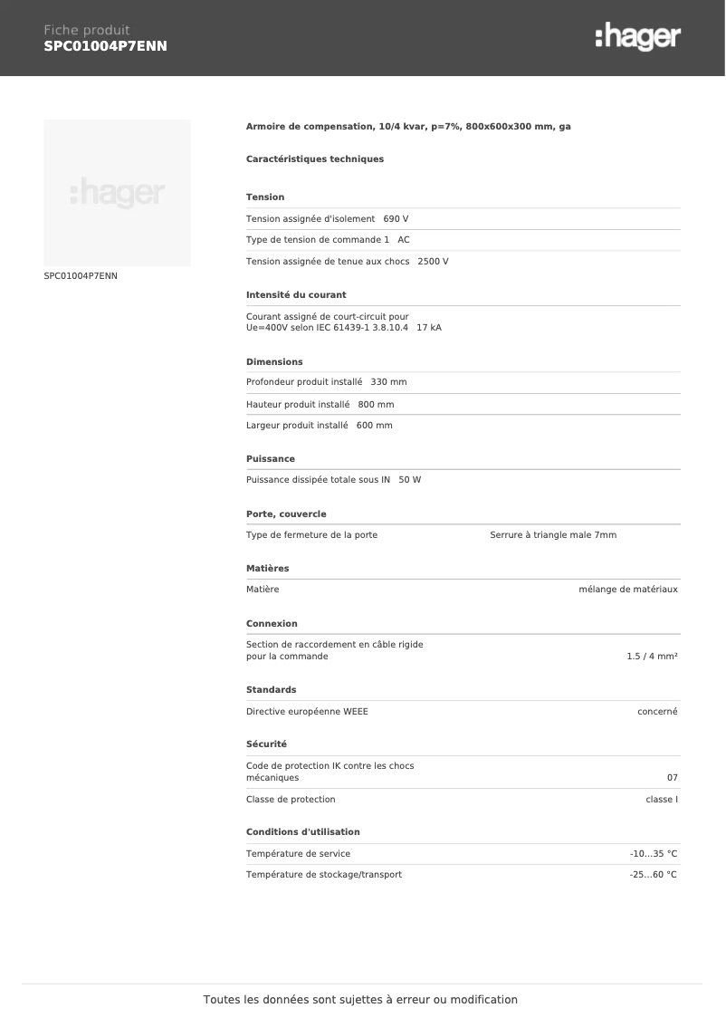 Page 1 de la notice Fiche technique Hager SPC01004P7ENN