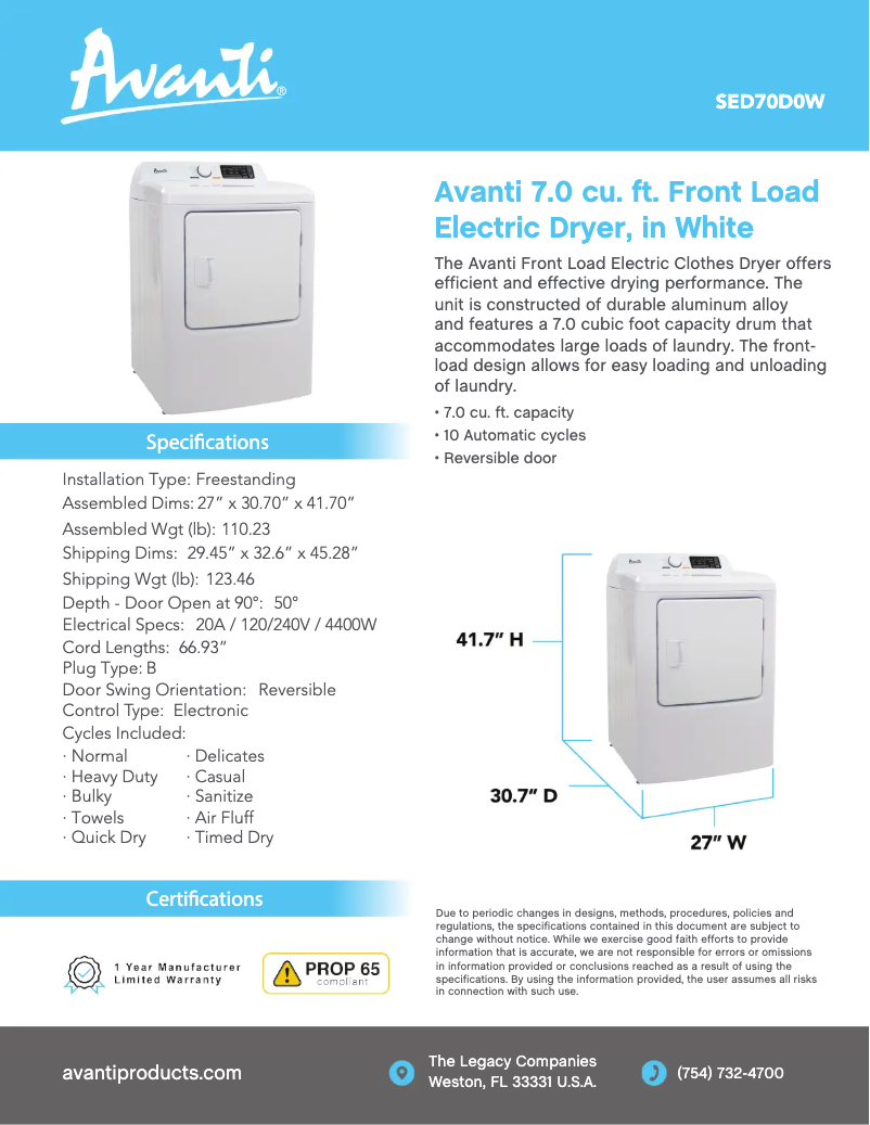Page n°1 - Fiche technique Avanti SED70D0W