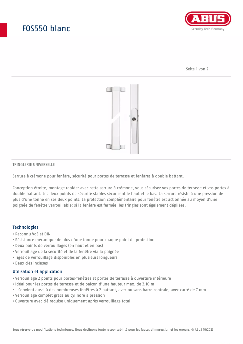 Page 1 de la notice Fiche technique Abus FOS550