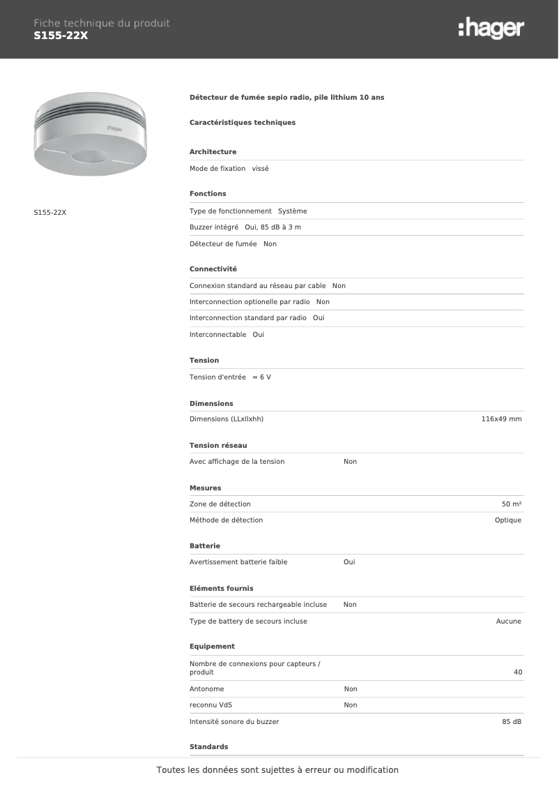 Page 1 de la notice Fiche technique Hager S155-22X