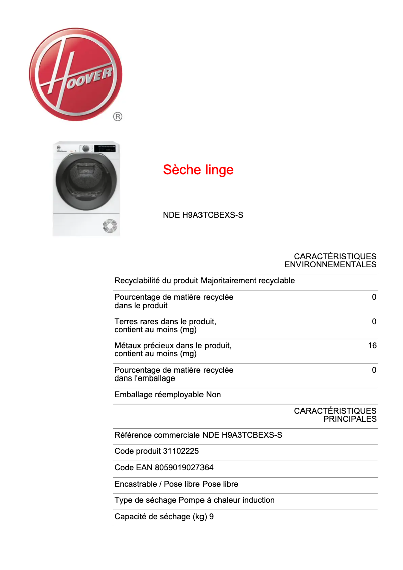 Page n°1 - Fiche technique Hoover H-DRY 500 NDE H9A3TCBEXS-S