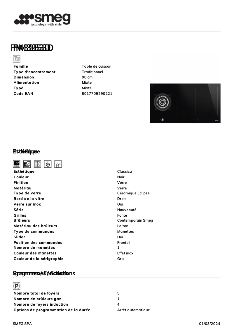 Page n°1 - Fiche technique Smeg PM3953D