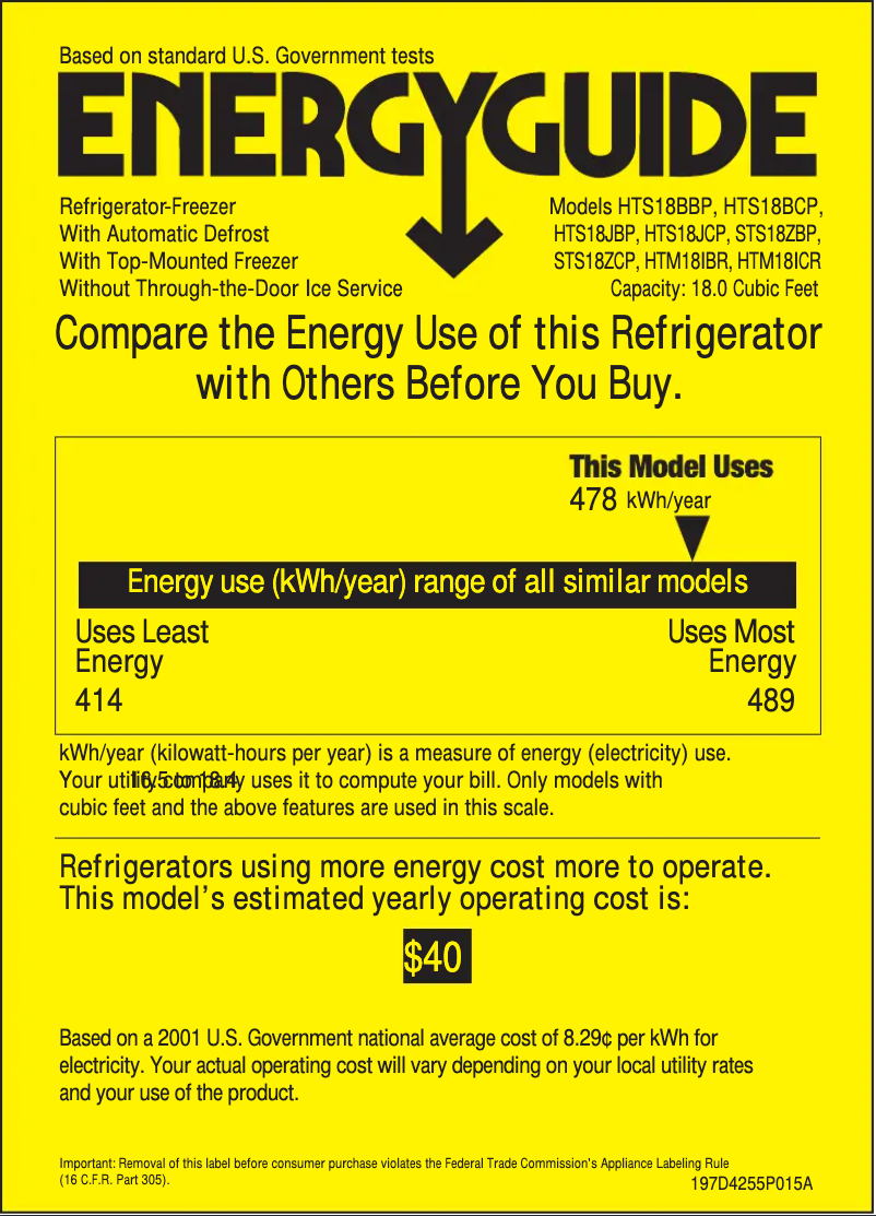 Page 1 de la notice Label énergétique Hotpoint HTS18JBPCC