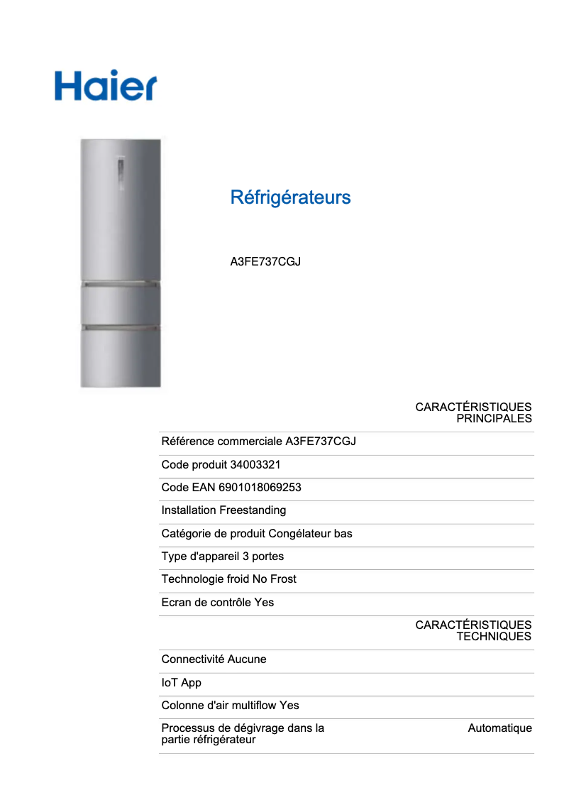 Page n°1 - Fiche technique Haier A3FE737CGJ