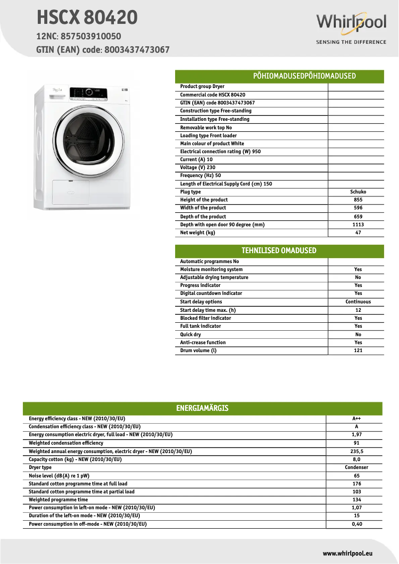 Página 1 del manual Ficha técnica Whirlpool HSCX 80420