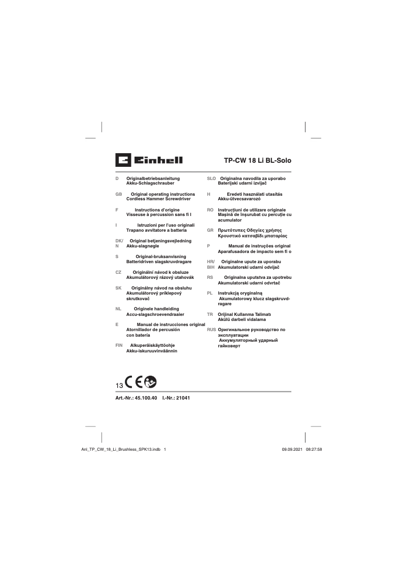 Image de la première page du manuel de l'appareil TP-CW 18 Li BL-Solo