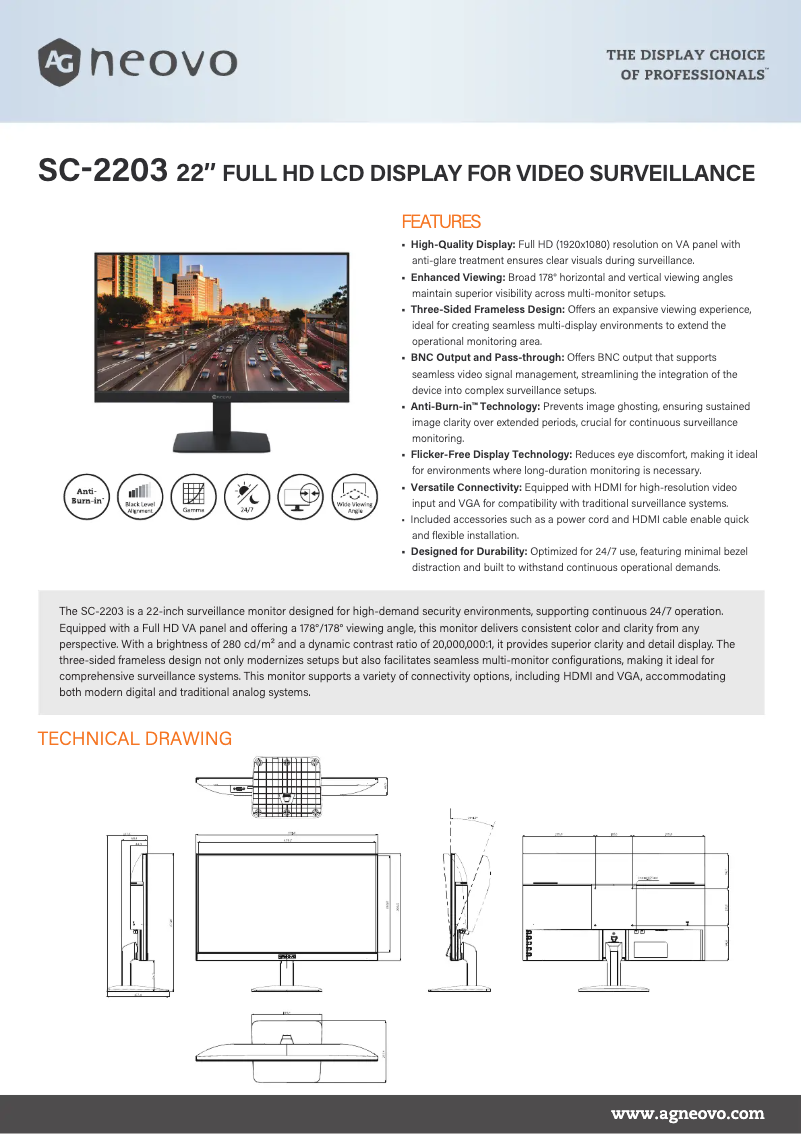 Page 1 de la notice Fiche technique AG Neovo SC-2203