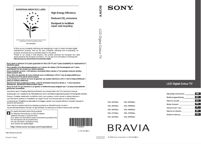 Page 1 de la notice Manuel utilisateur Sony Bravia KDL-40V5810