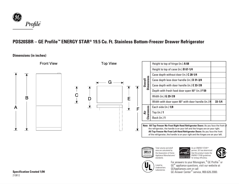 Página 1 del manual Ficha técnica GE Profile PDS20SBRLSS