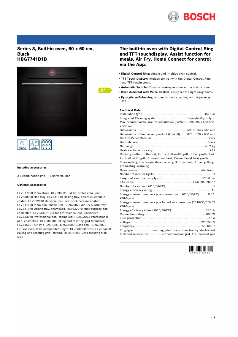 Page 1 of the manual Technical Sheet Bosch HBG7741B1B