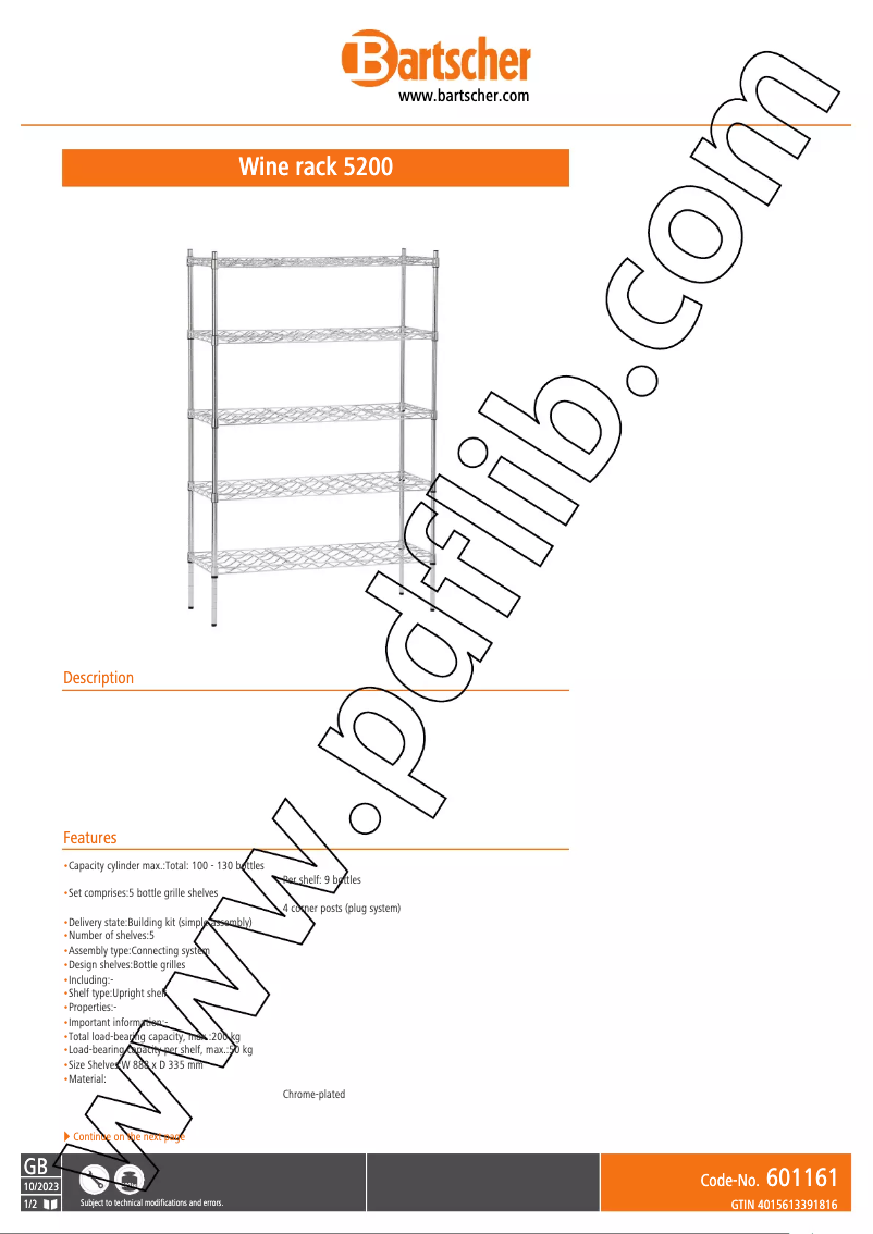 Page n°1 - Fiche technique Bartscher 601161