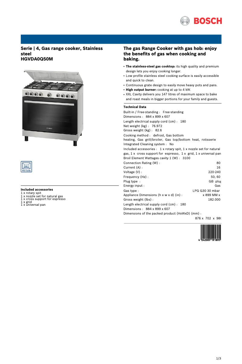 Page 1 of the manual Technical Sheet Bosch HGVDA0Q50M