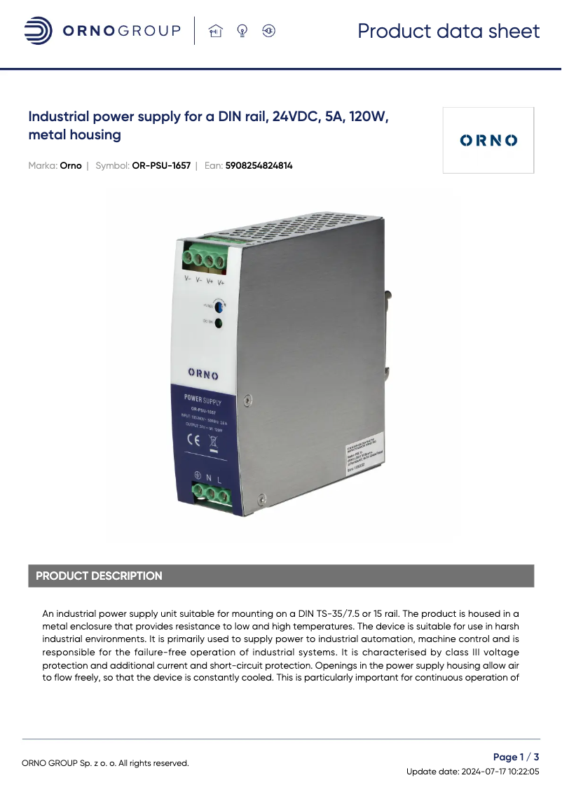 Page 1 de la notice Fiche technique ORNO OR-PSU-1657