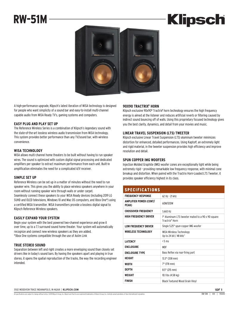 Page 1 de la notice Fiche technique Klipsch RW-51M