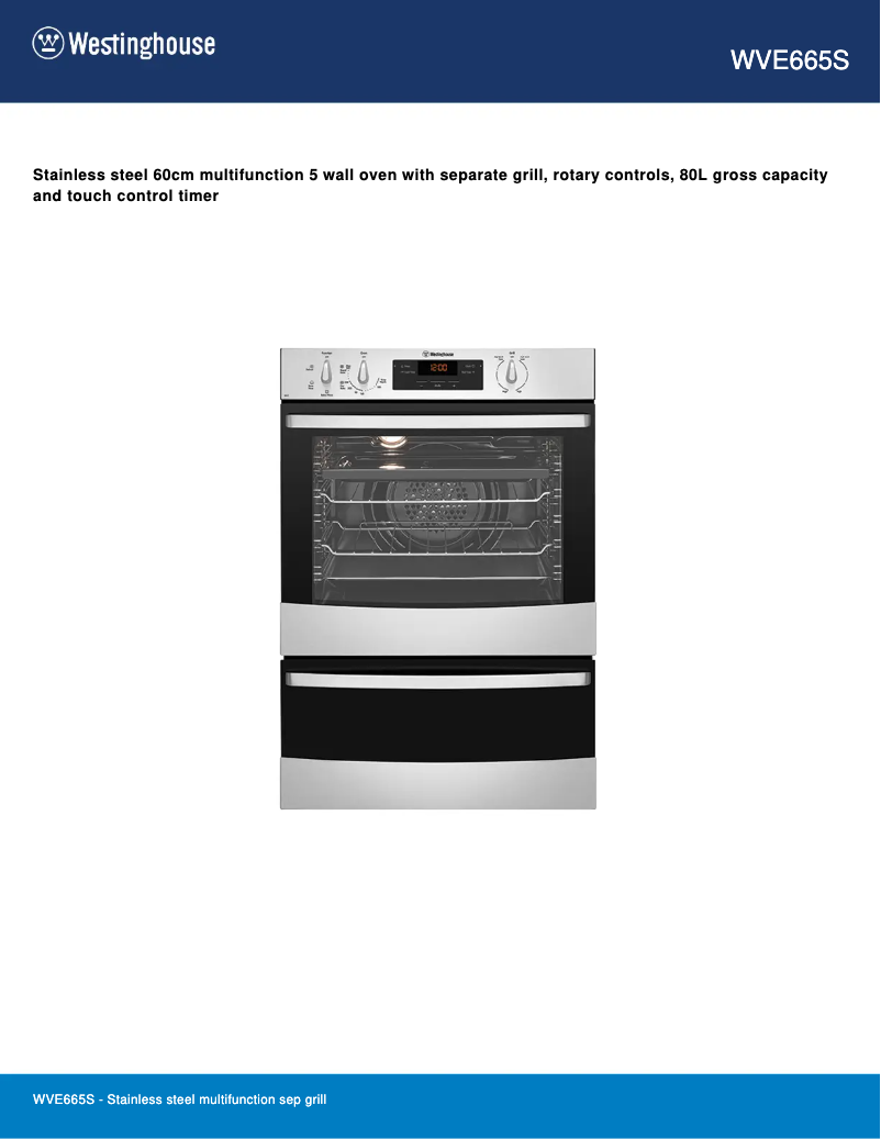 Page 1 of the manual Technical Sheet Westinghouse WVE665S