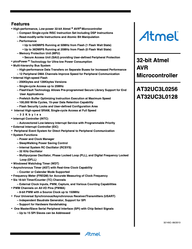 Page 1 de la notice Fiche technique Microchip AT32UC3L0128