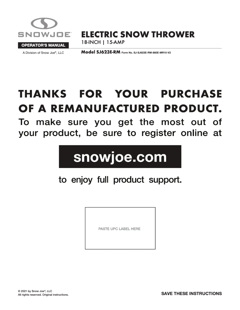 Page 1 de la notice Manuel utilisateur Snow Joe SJ623E-RM