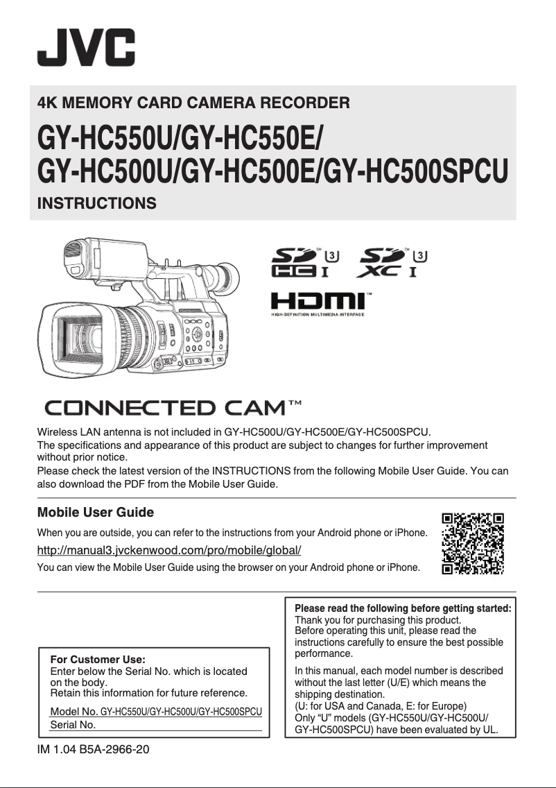 Page 1 de la notice Manuel utilisateur JVC GY-HC550