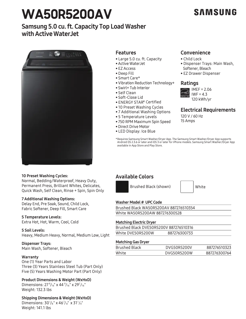 Page 1 de la notice Fiche technique Samsung WA50R5200AV