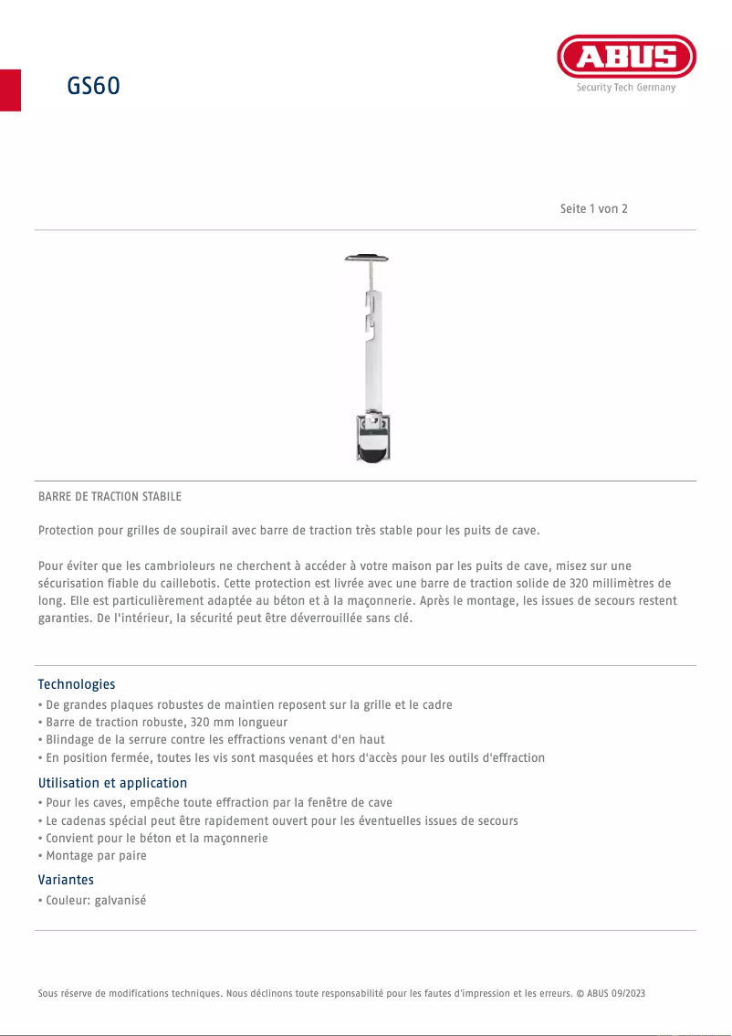 Page n°1 - Fiche technique Abus GS60