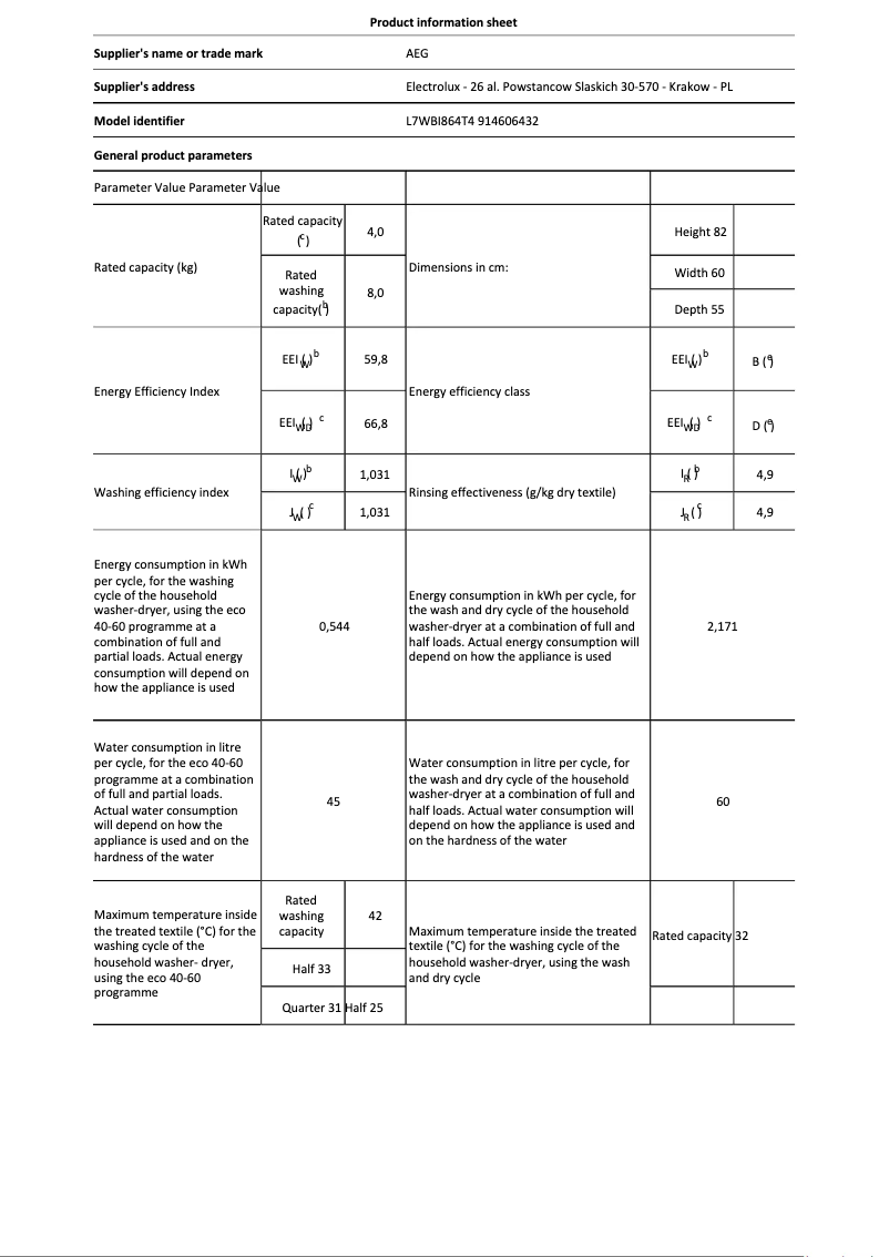 Page n°1 - Fiche technique AEG L7WBI864T4