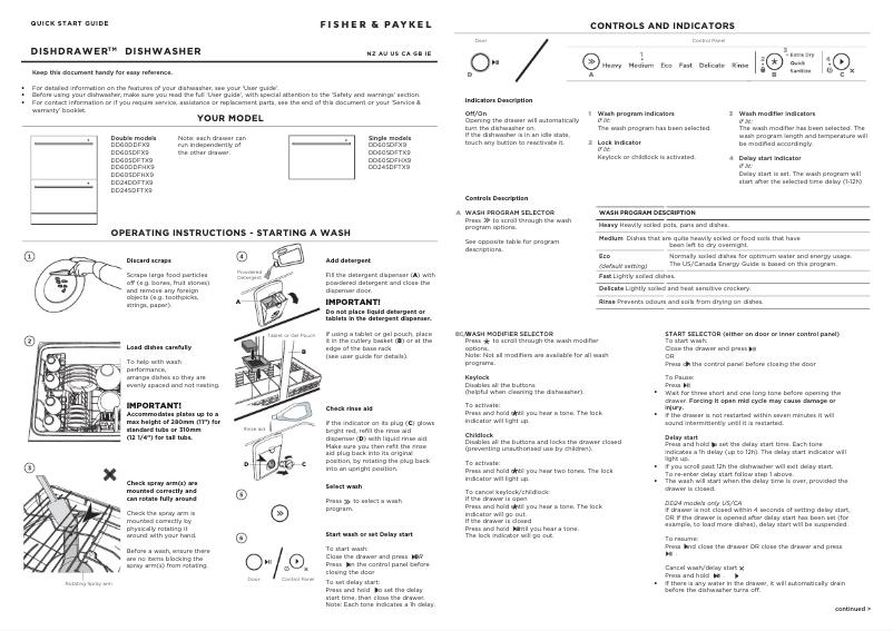 Page 1 de la notice Guide de démarrage rapide Fisher & Paykel DD24DDFTX9N
