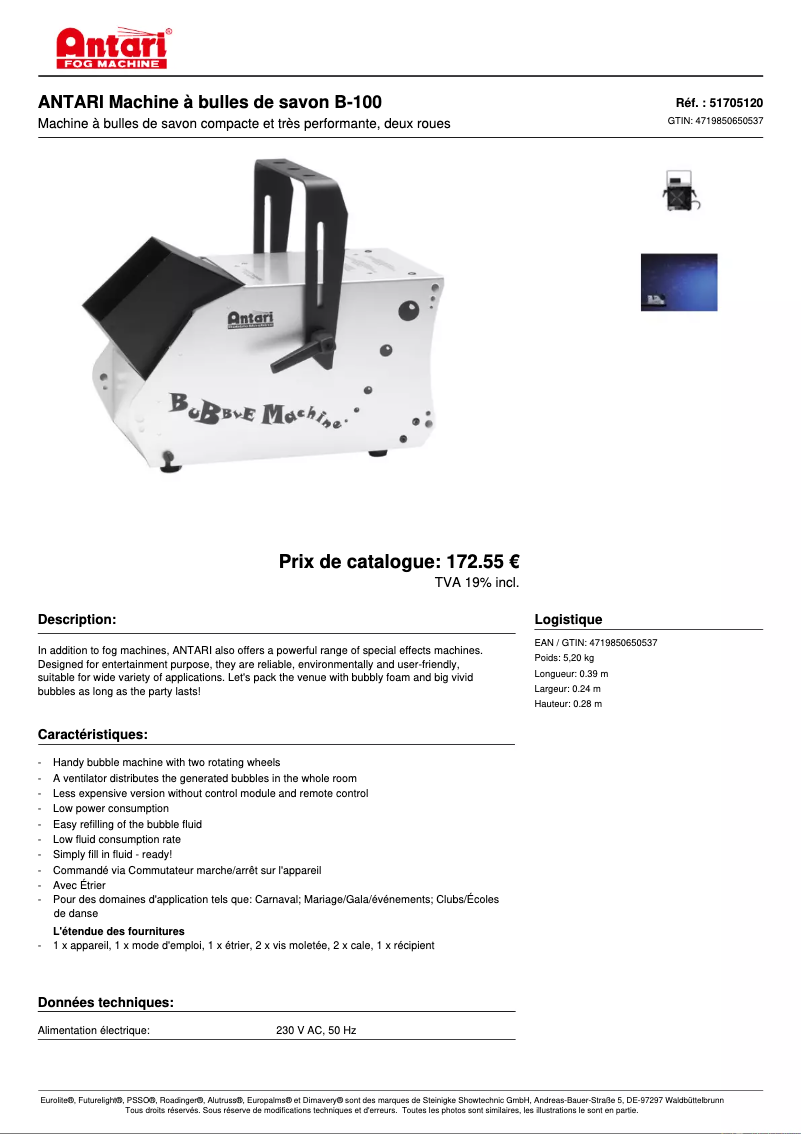 Page 1 de la notice Fiche technique Antari B-100