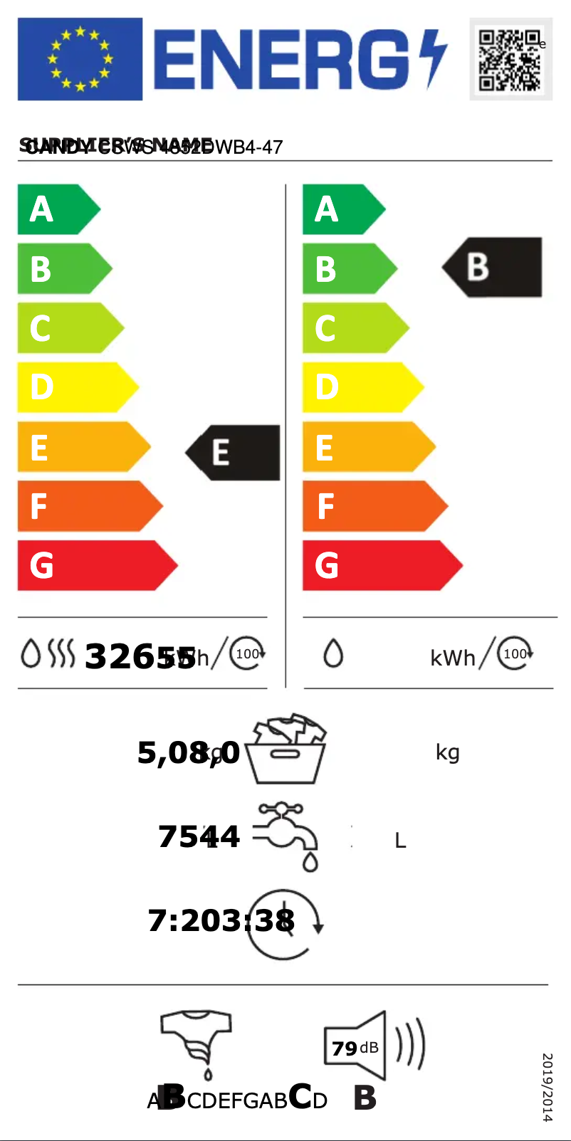 Page 1 de la notice Label énergétique Candy CSWS 4852DWB4-47